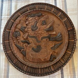 Vintage Mayan Folk Intricately Carved Wooden Wall Art Plaque Hanging Aztec RARE